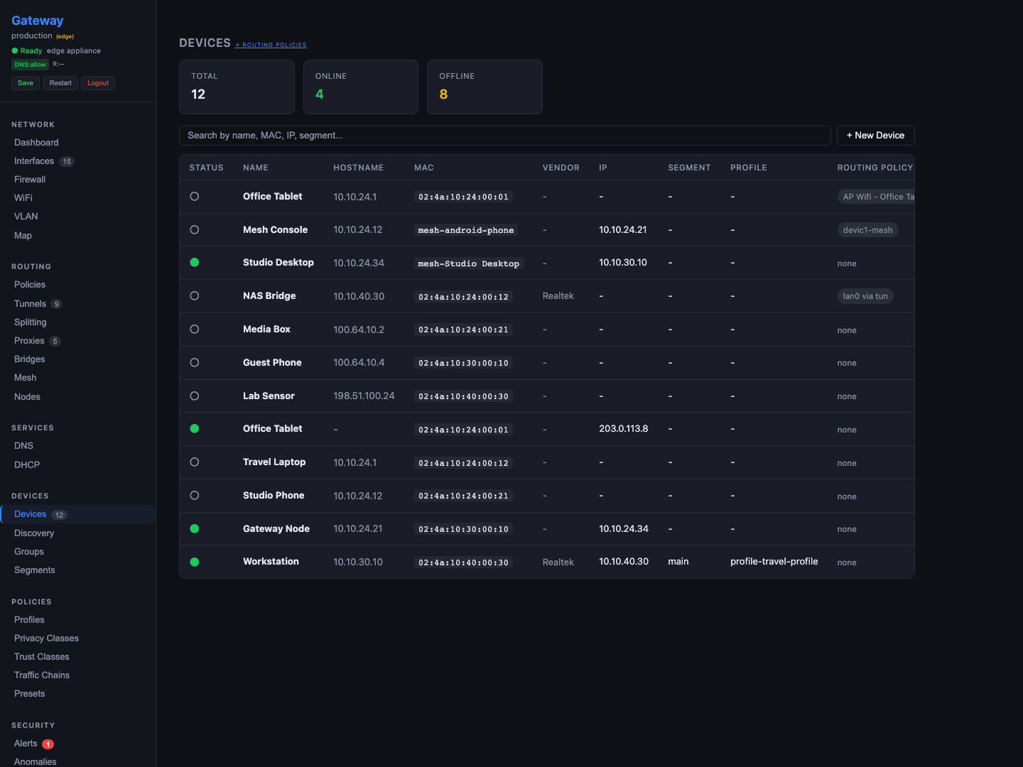 Redacted Gateway devices inventory screen