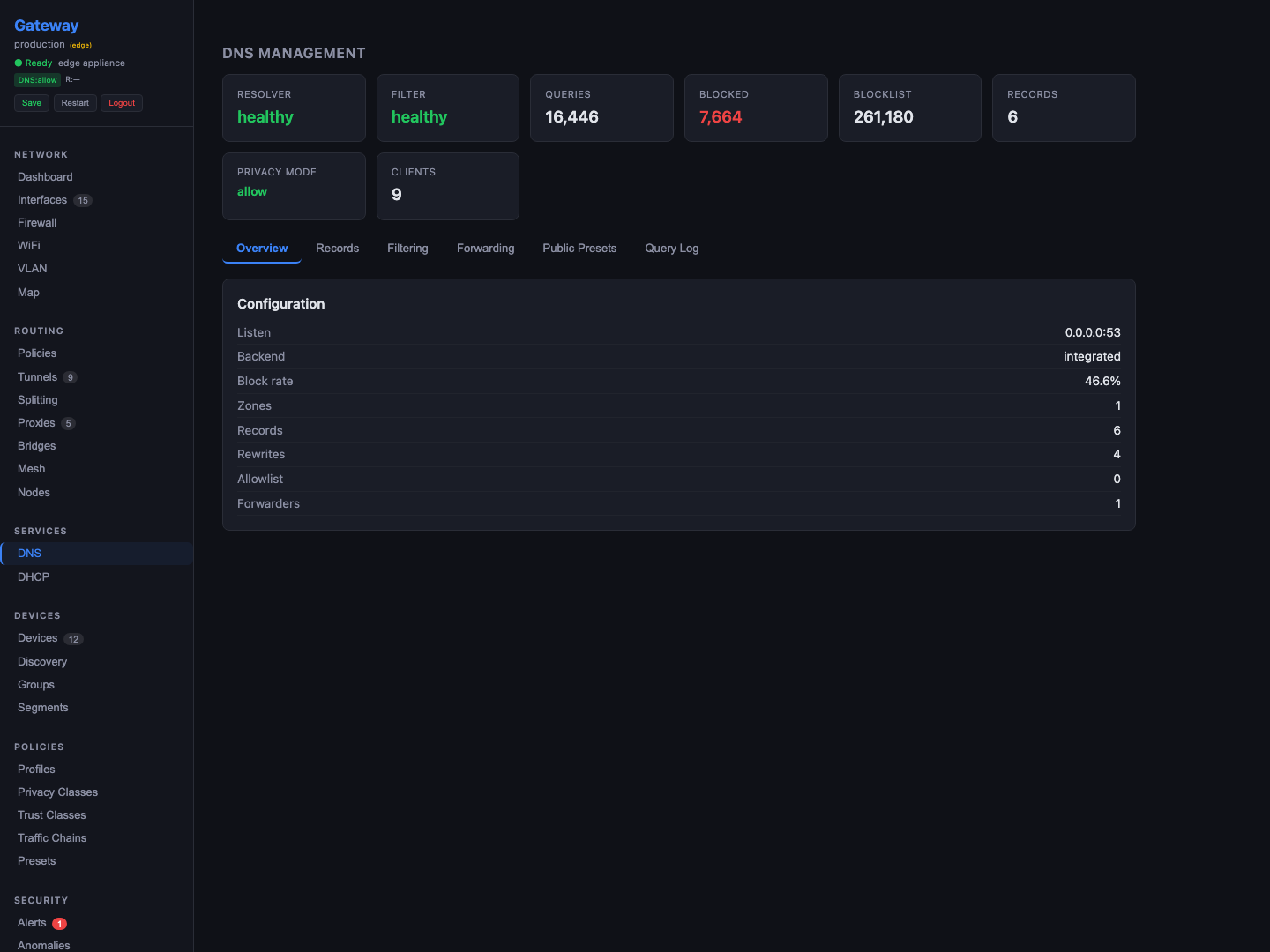Redacted Gateway DNS control screen